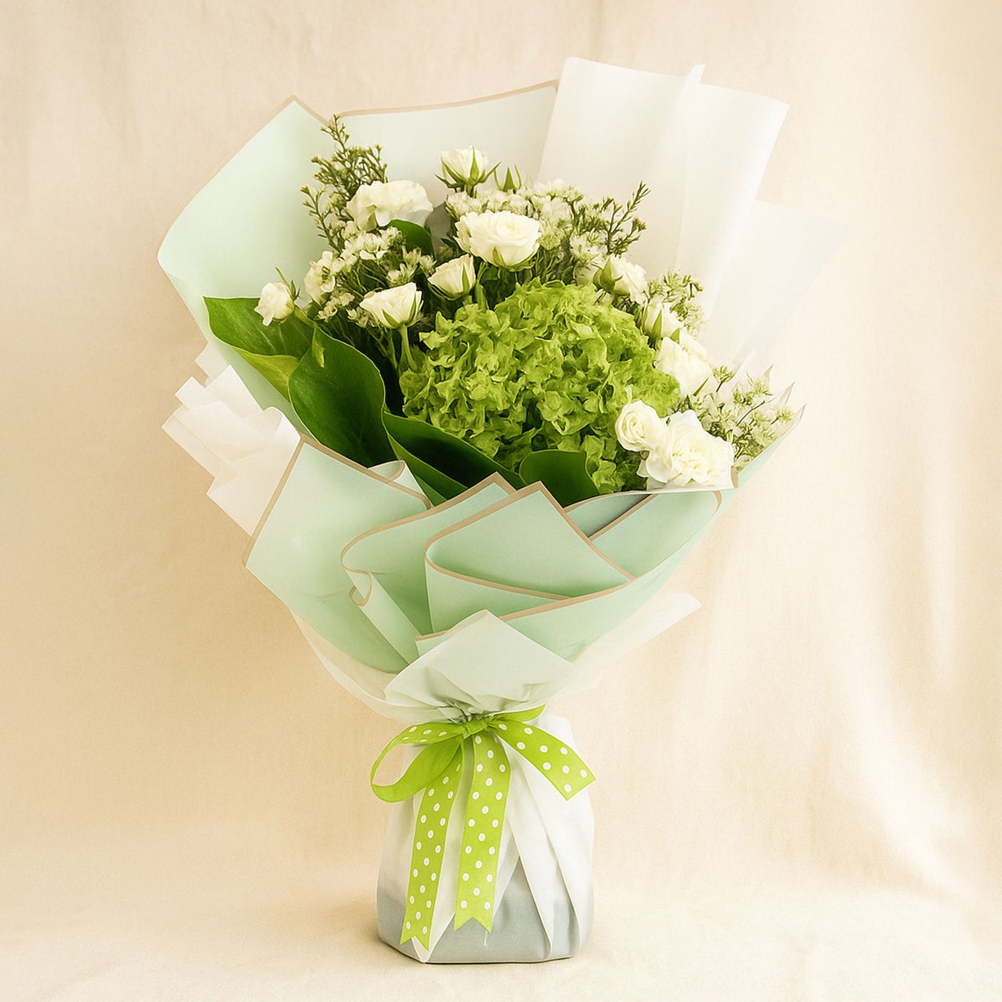 Green Hydrengea Bouquet with White Roses