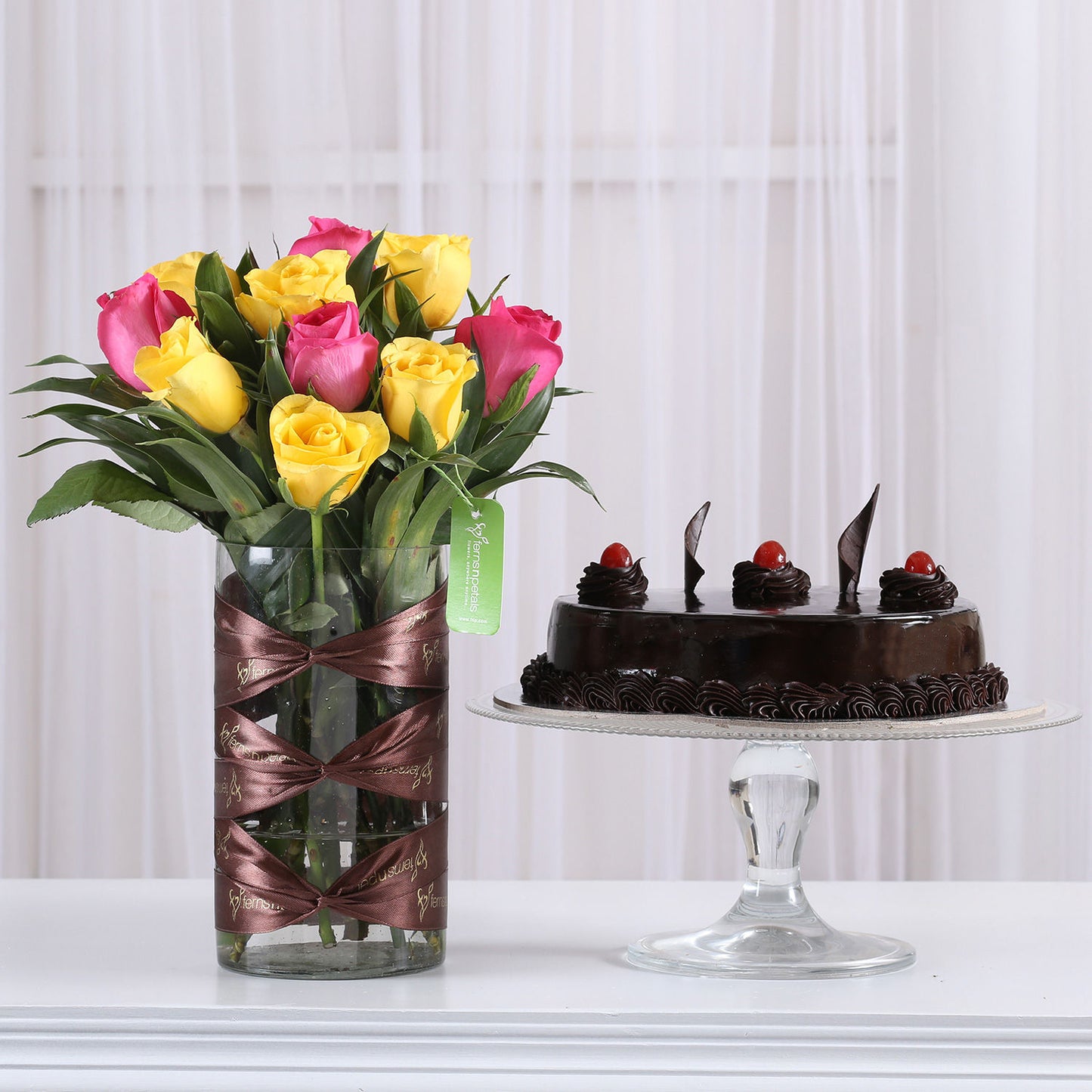 Pink & Yellow Roses Vase with Truffle Cake