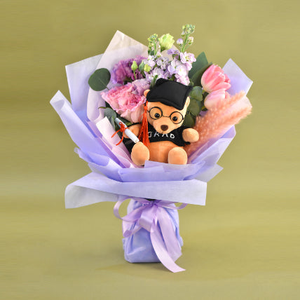 Cute Graduation Teddy & Fresh Flowers Bouquet