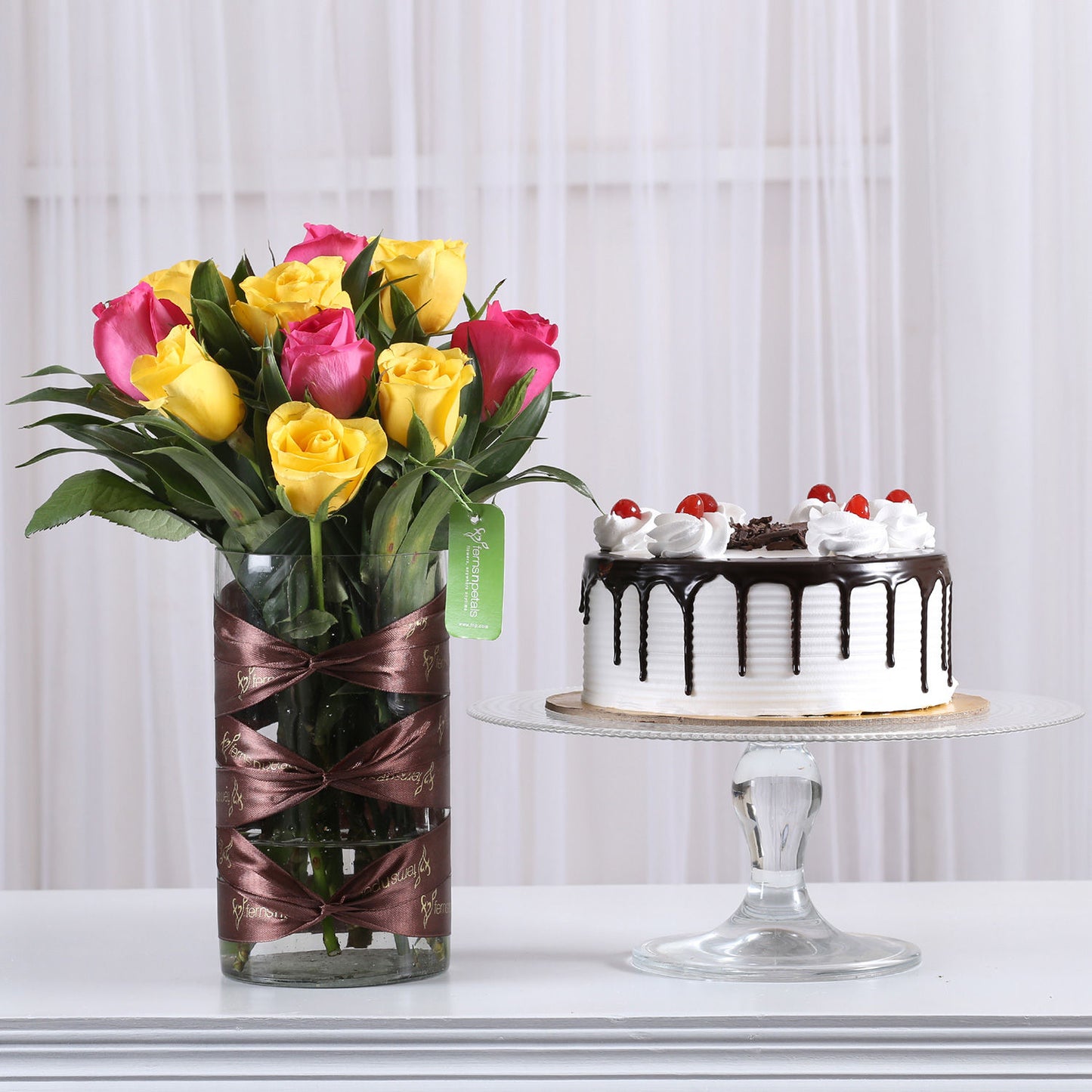 Pink & Yellow Roses Vase & Black Forest Cake