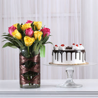Pink & Yellow Roses Vase & Black Forest Cake