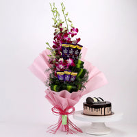 Purple Orchids Posy & Chocolate Cake