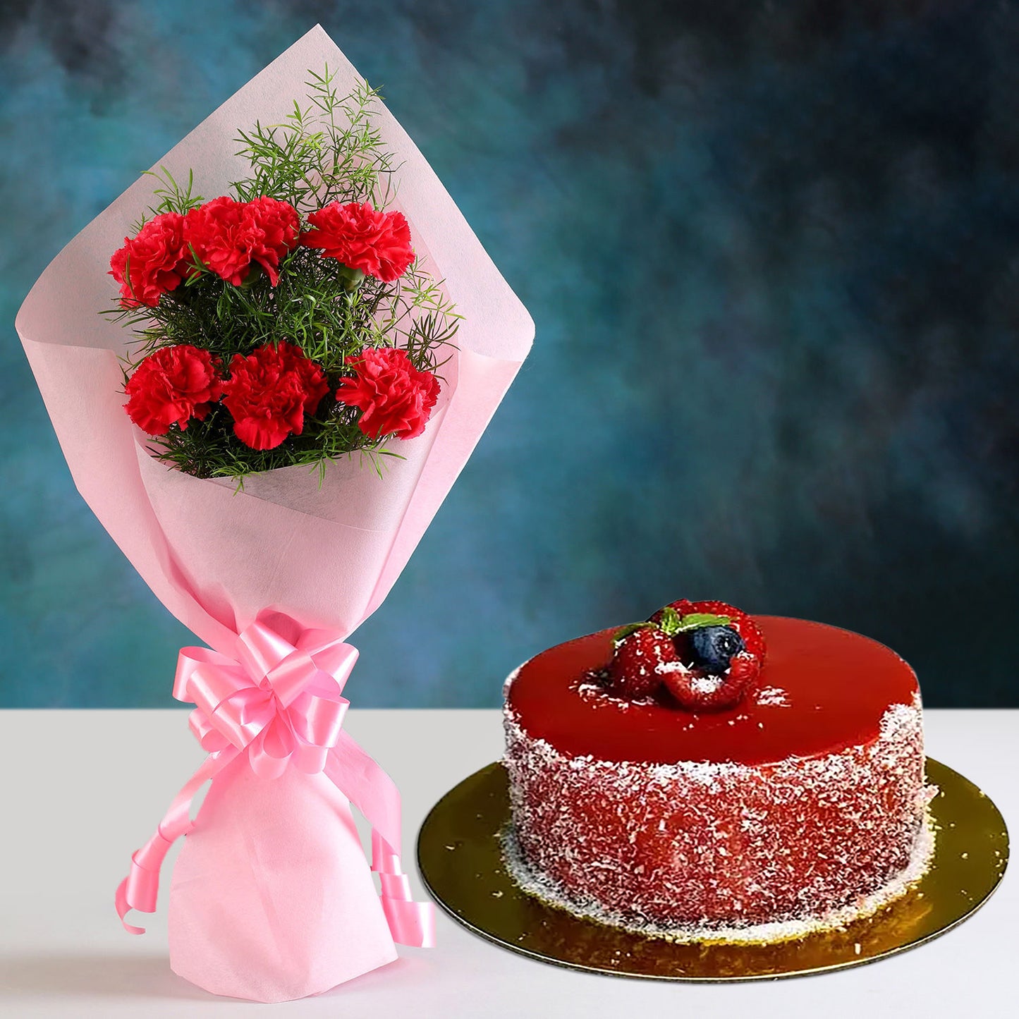Radiant Pink Carnations Bunch With Mini Mousse Cake