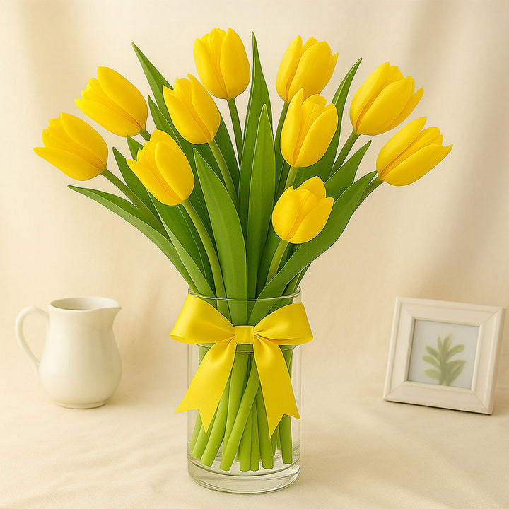 Serene Yellow Tulips Glass Vase